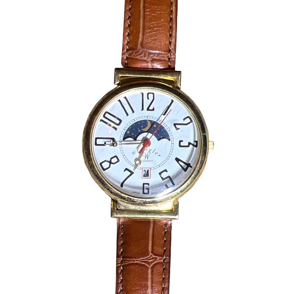 Wrangler Gold-Tone Watch with Brown Leather Strap and Moonphase